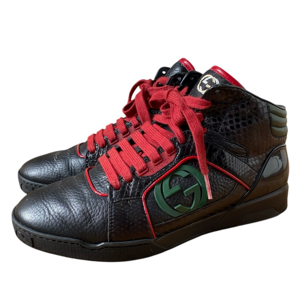 Gucci Black High-Top Sneakers with Red Laces and Green Logo Patch